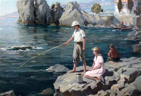 Konstantin Prokhorov (1924-1997) Fishing on the rocks 24 x 33in.